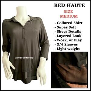 RED HAUTE COLLARED SHEER PANEL LONG SLEEVE SHIRT SZ M $79